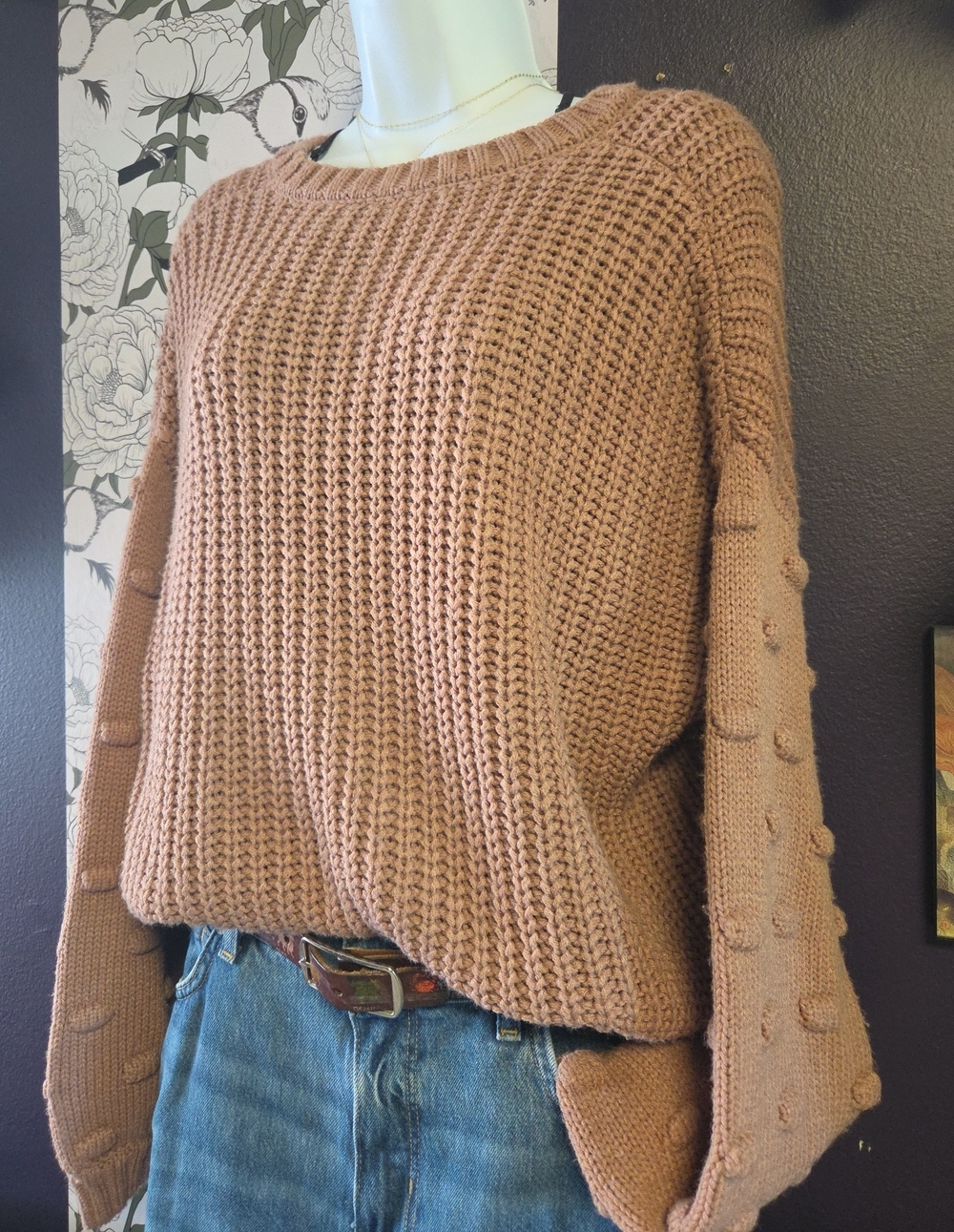 moon & madison Bobble Balloon Sleeve Sweater in Dusty Rose Sz M